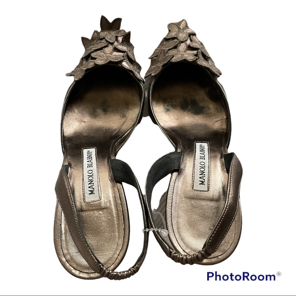 Manolo Blanik brown metallic pointed toe sling back high heels floral appliqués - Picture 2 of 9